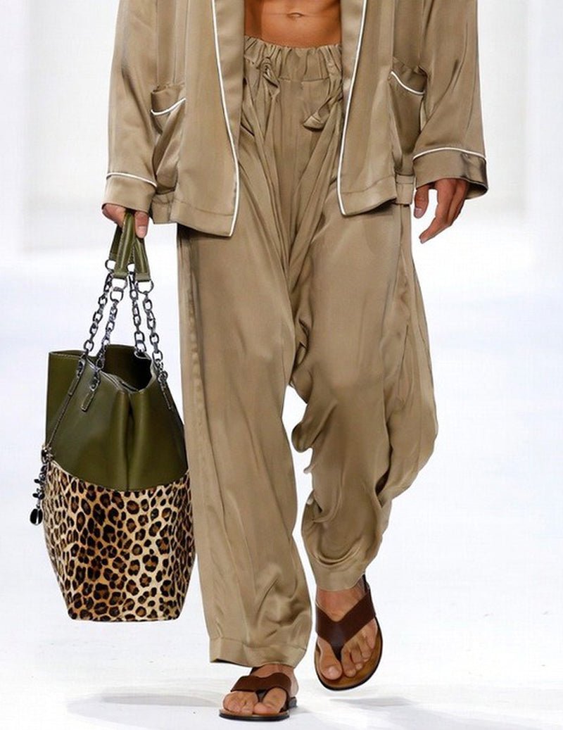 Men's khaki kimono robe with wide-leg lounge pants, cuff piping and pocket details
