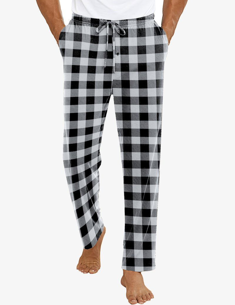 Black-and-white plaid men’s lounge pajama pants with drawstring waist and pockets