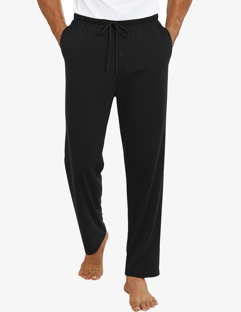 Men’s pajama pants, solid black, elastic waistband with drawstring, full-length