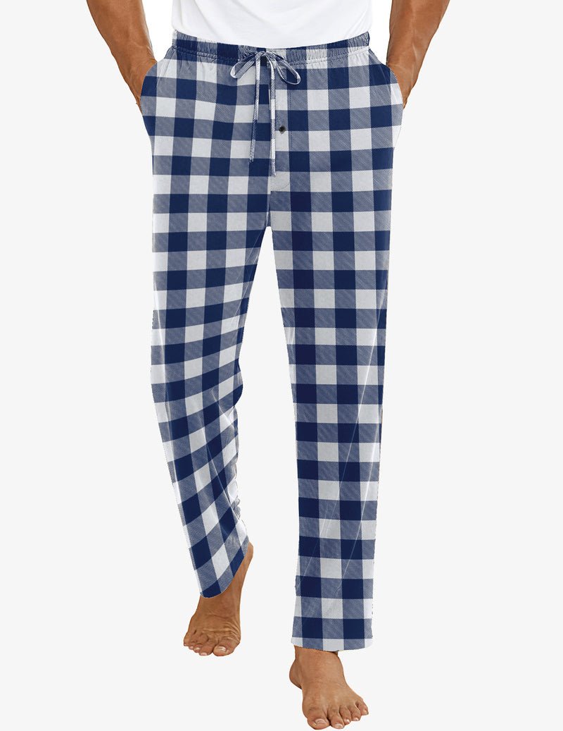 Men’s pajama pants, blue-and-white check plaid, elastic waistband with drawstring, full-length