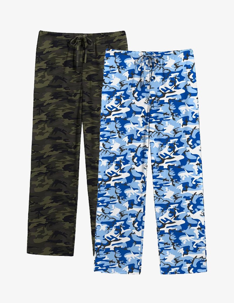 Camouflage lounge pajama pants set: dark green and blue camo, drawstring waist