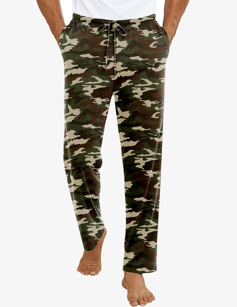 Green camouflage men’s lounge pajama pants with drawstring waist and pockets
