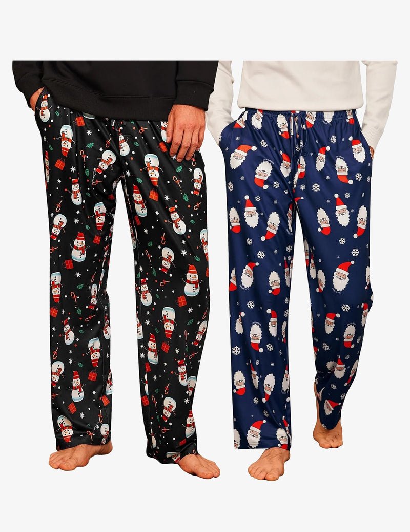 Holiday pajama pants: black print and navy print, drawstring waist with pockets