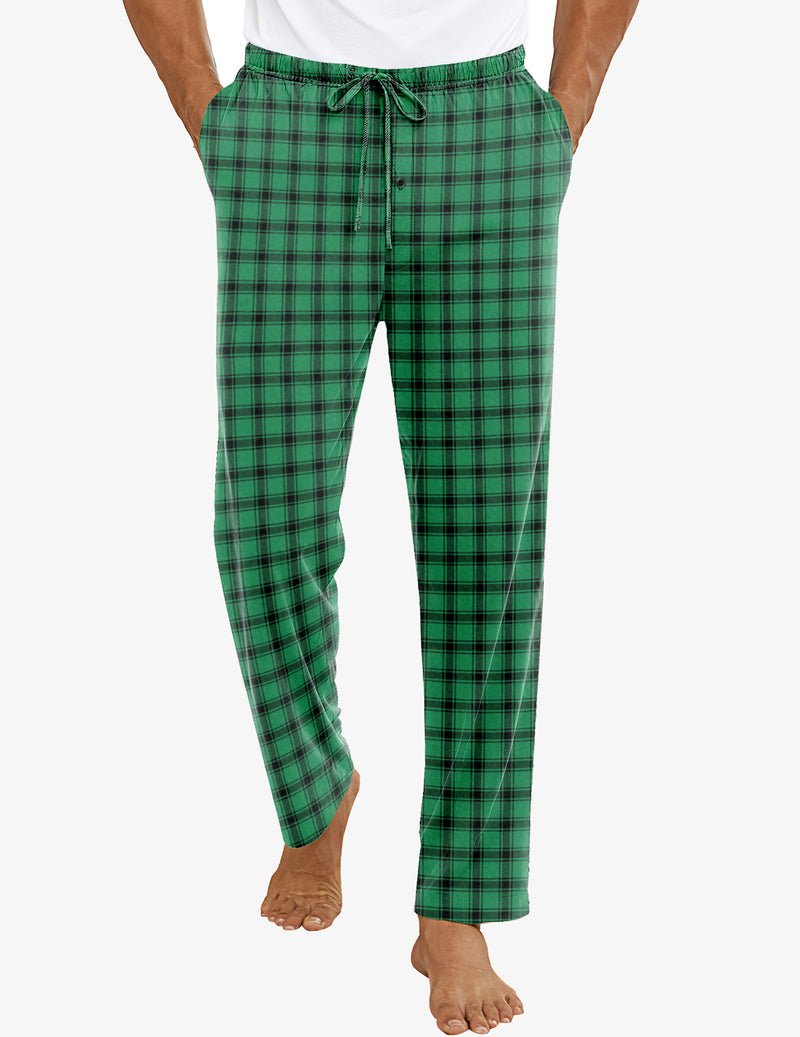 Men’s pajama lounge pants, green plaid, elastic waistband with drawstring, tapered legs