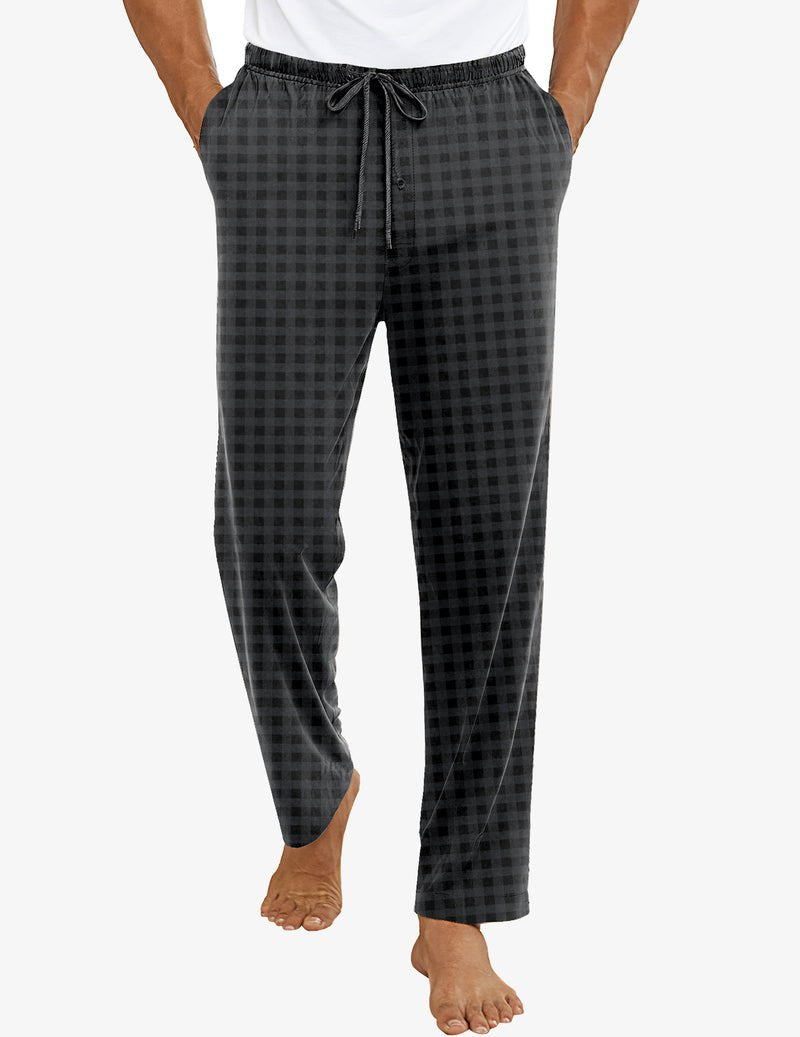 Men’s pajama pants, dark gray plaid, elastic waistband with drawstring, full-length
