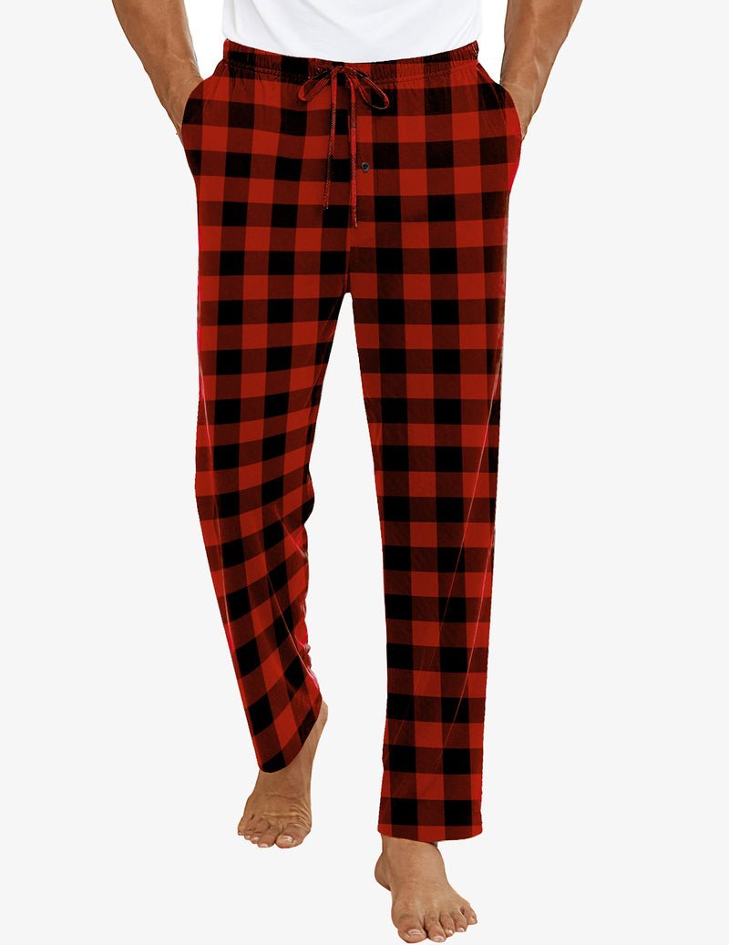Men’s pajama lounge pants, red plaid, elastic waistband with drawstring, tapered fit