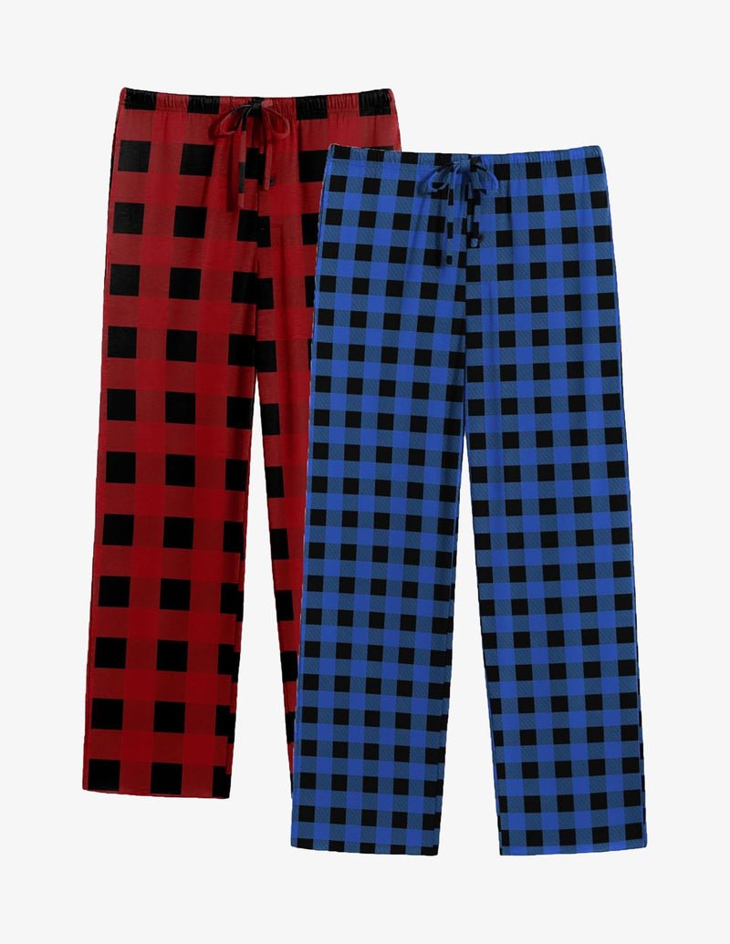 Plaid lounge pajama pants set: red/black and blue, drawstring waist and pockets
