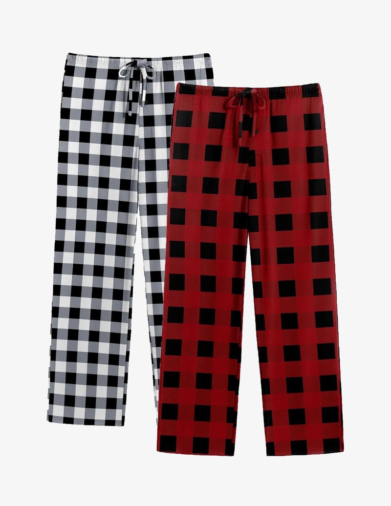 Lounge pajama pants set: black/white plaid and red/black plaid, drawstring waist