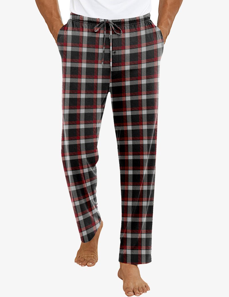 Men’s pajama pants, gray plaid with red accents, elastic drawstring waist, full-length