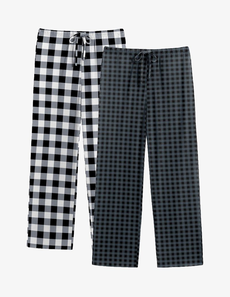 Lounge pajama pants set: black/white plaid and dark gray plaid, drawstring waist