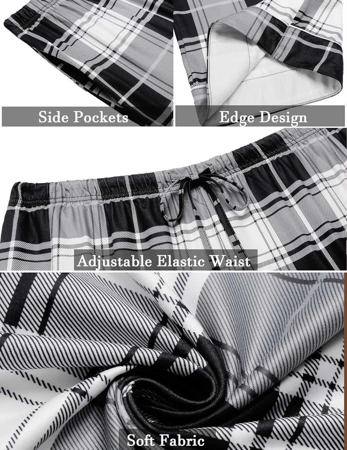 Detail view of black and white plaid pajama pants: side pockets, elastic waist