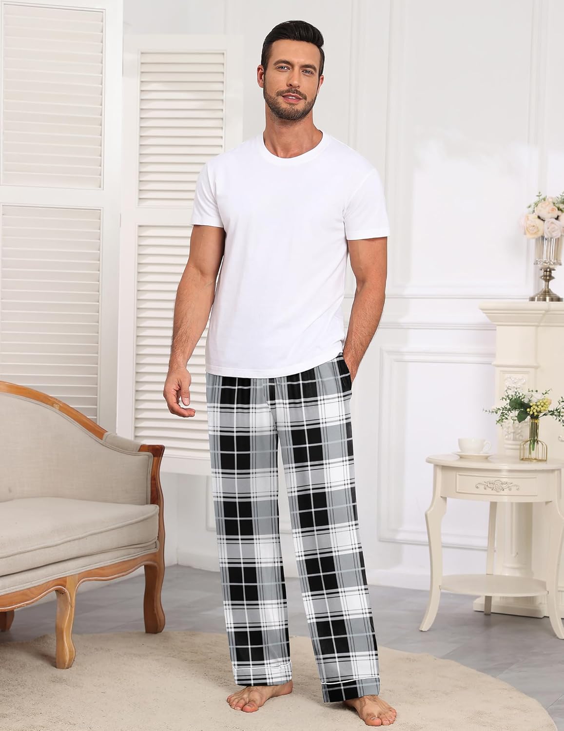 Men’s black and white plaid pajama pants, full length