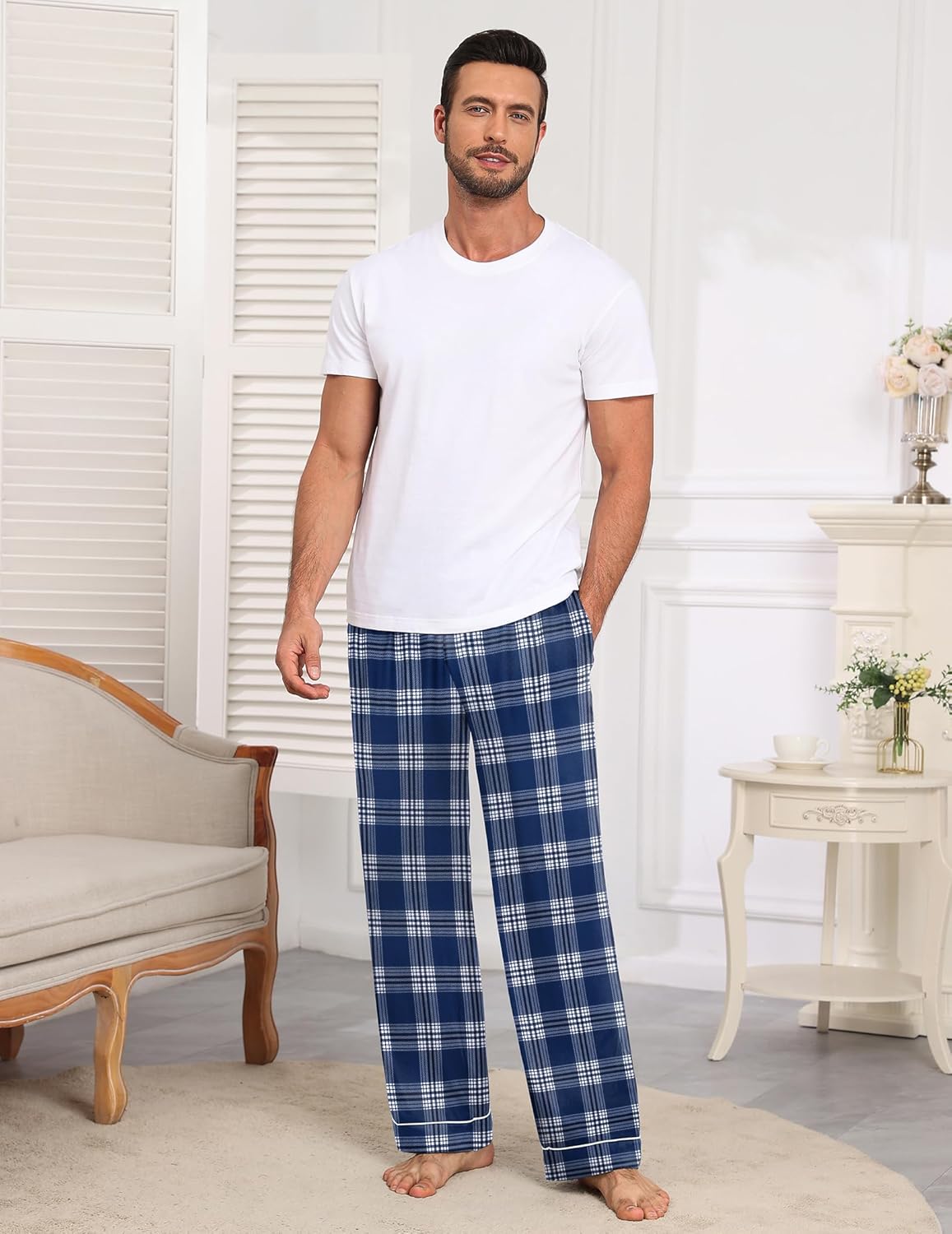 Men’s blue and white plaid pajama pants with drawstring waist