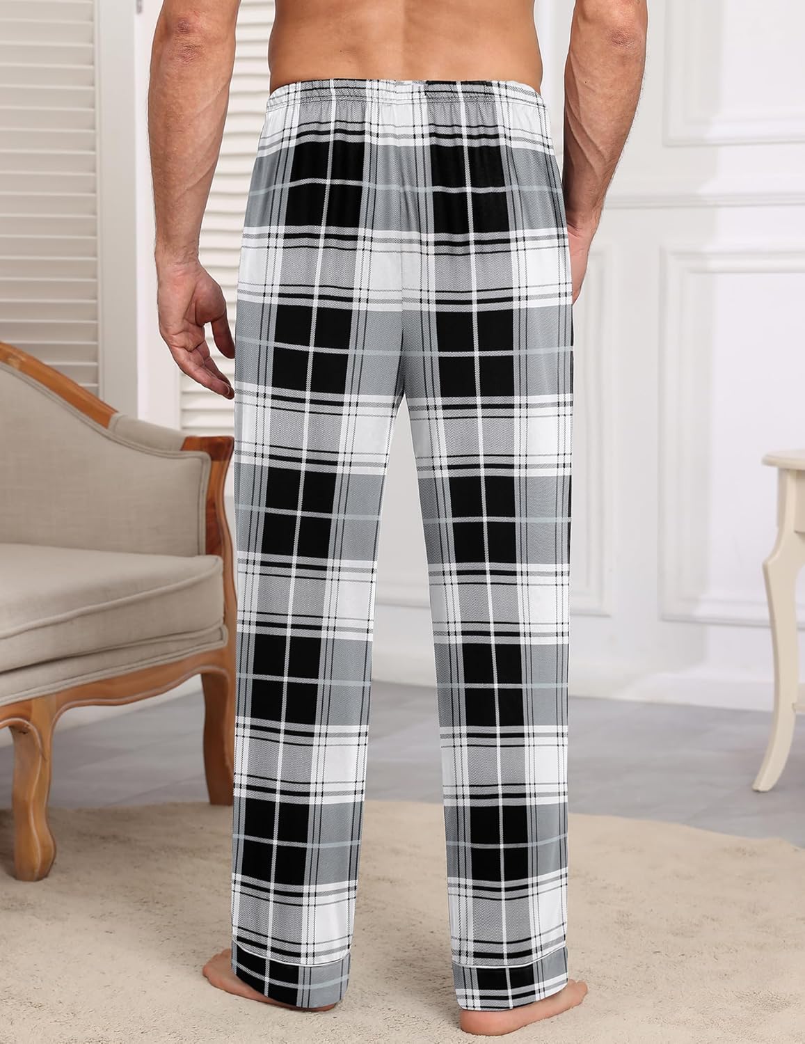 Men’s black and white plaid sleep pants with drawstring tie
