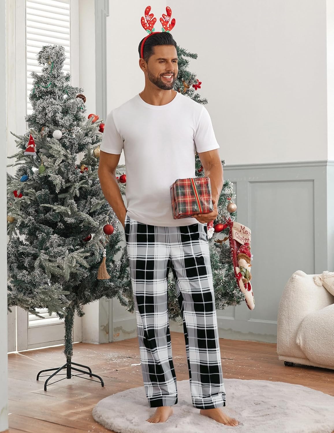 Men’s black and white plaid pajama pants with relaxed straight legs