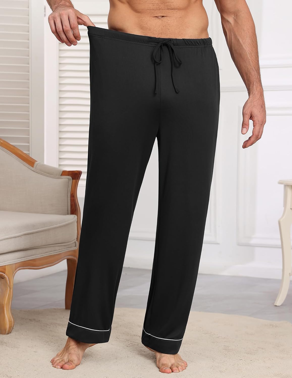 Black solid pajama pants with drawstring and contrast-trim cuffs