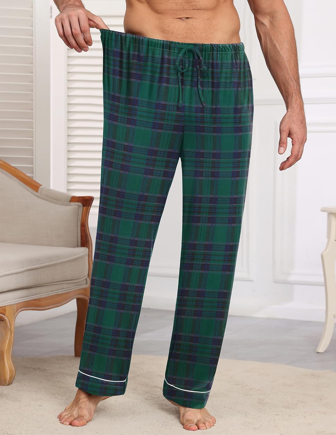 Green plaid pajama pants with elastic drawstring waist and contrast cuffs