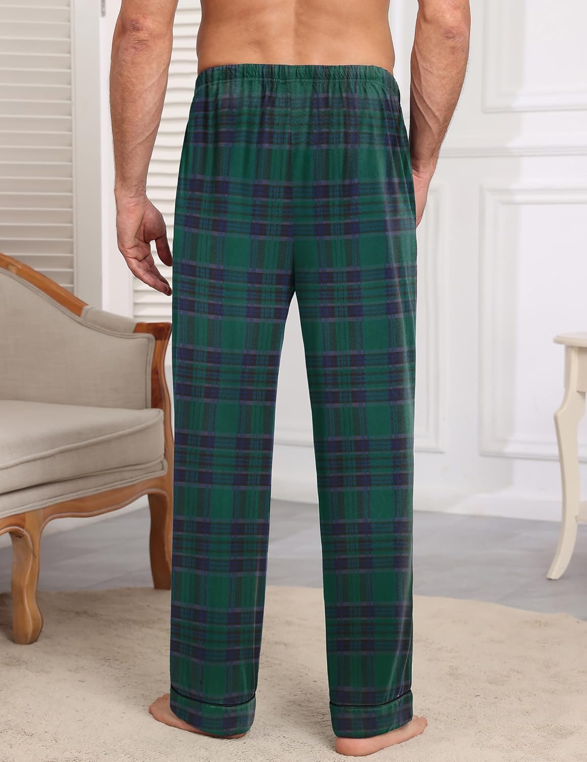 Men’s back view green plaid pajama pants with elastic waist and long legs