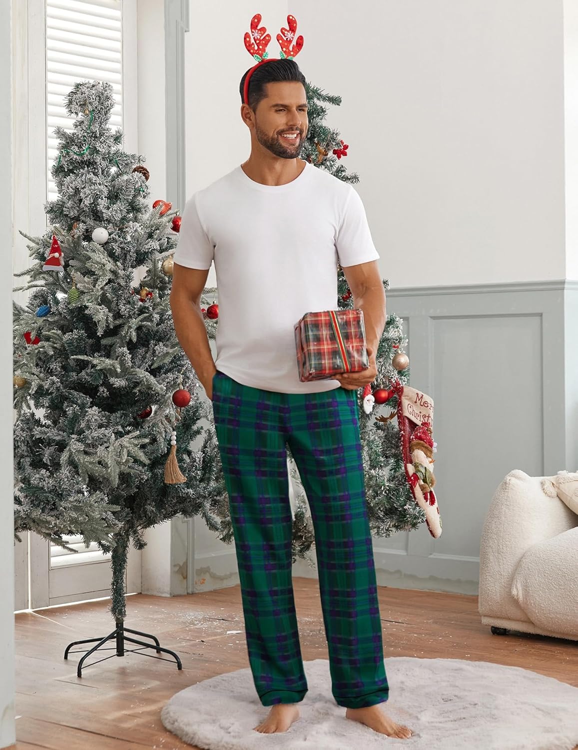 Men’s blue plaid pajama pants with drawstring waist, full-length