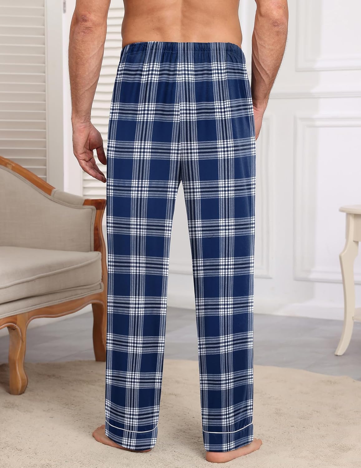 Men’s blue and white plaid sleep pants, full-length straight legs