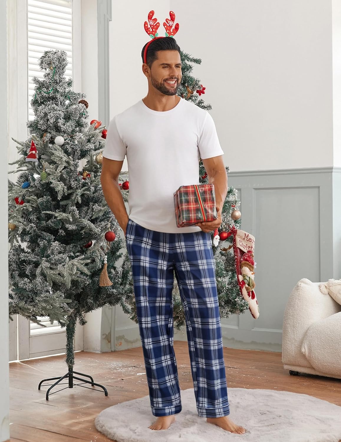 Men’s pajama pants, blue plaid sleepwear with drawstring waist
