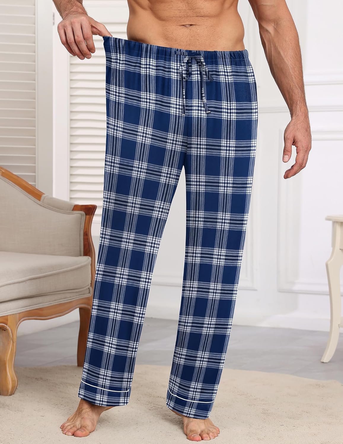 Men’s blue plaid pajama pants with elastic waistband and straight fit