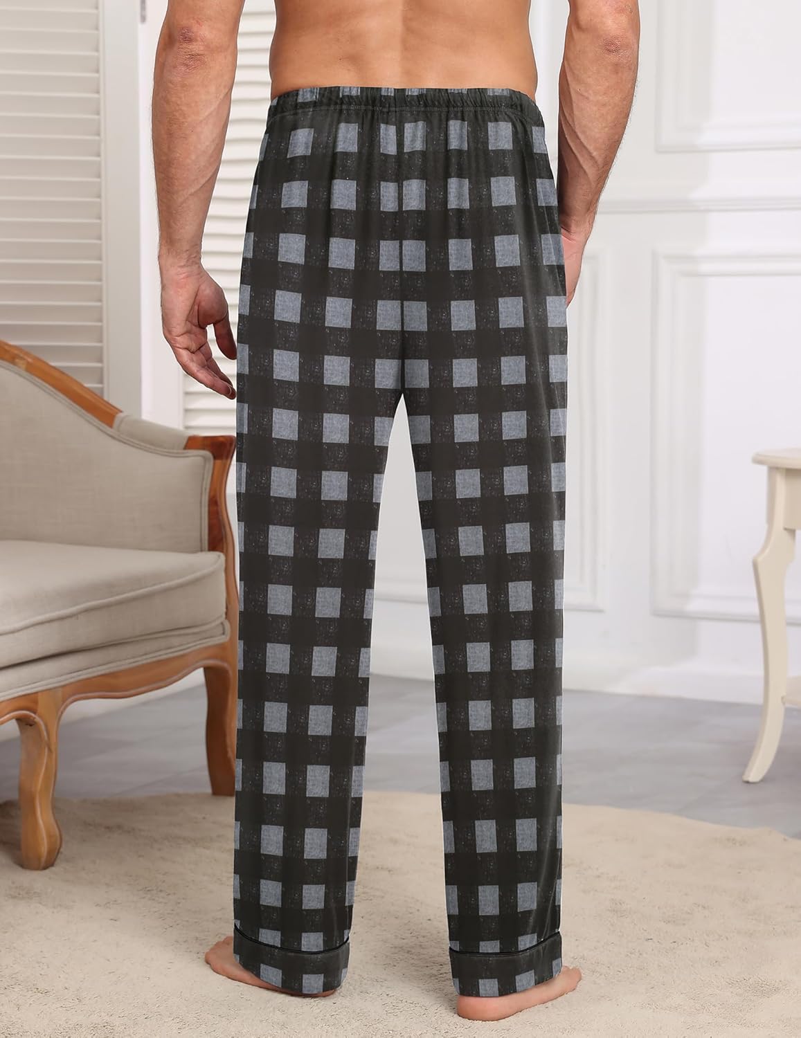 Mens pajama pants, black-and-gray square plaid, elastic waistband, relaxed fit