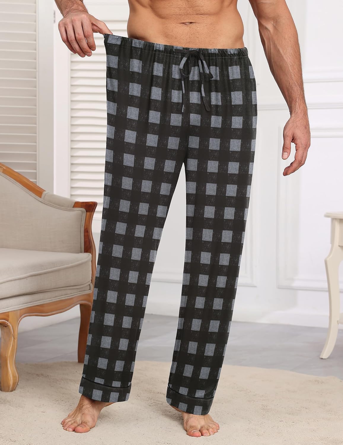 Mens pajama pants with black-and-gray check plaid pattern and elastic drawstring waist