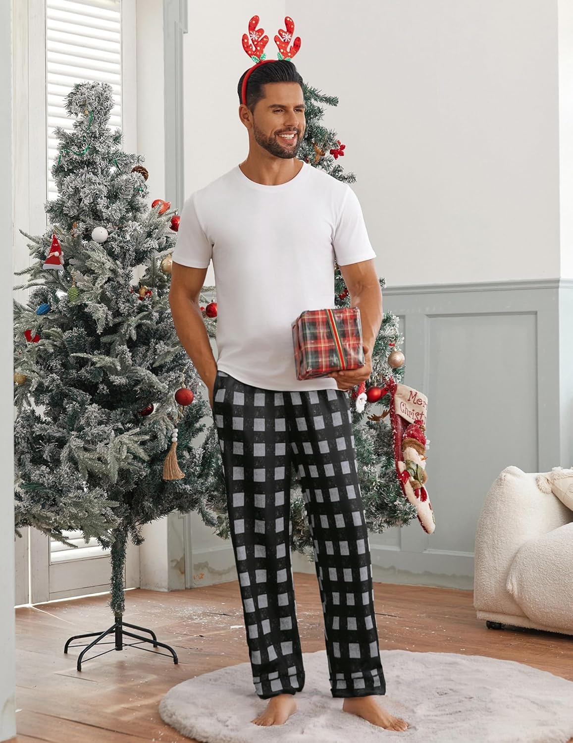 Mens plaid sleep pants, black-and-gray squares, long straight legs