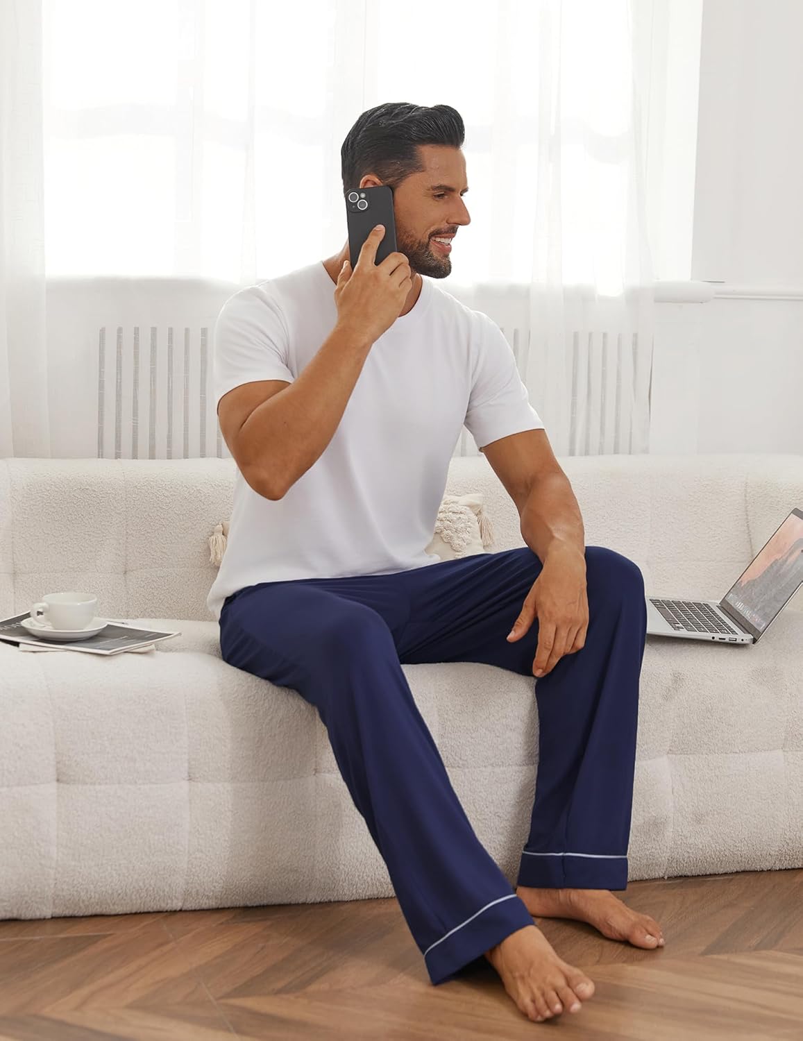 Mens navy pajama pants with contrast piping at cuffs and drawstring waist