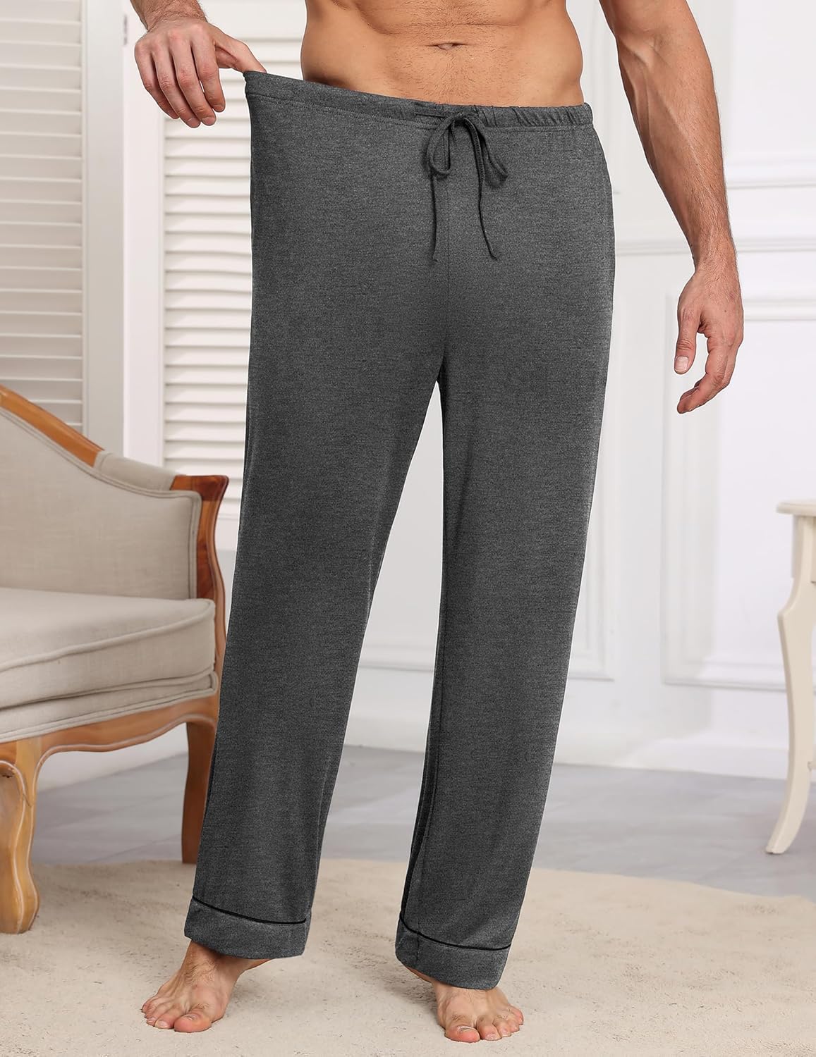 Men’s pajama pants in heather gray with drawstring and cuffed legs