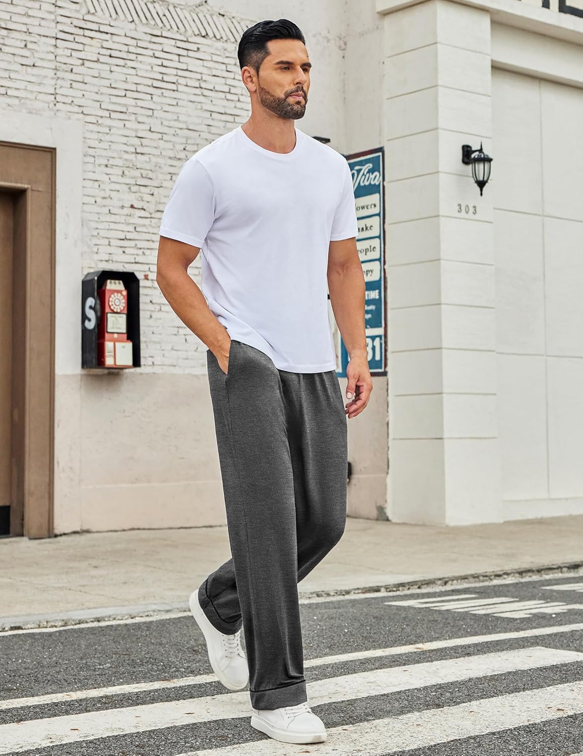 Men’s dark heather gray lounge pants with elastic waist and tapered cuffs