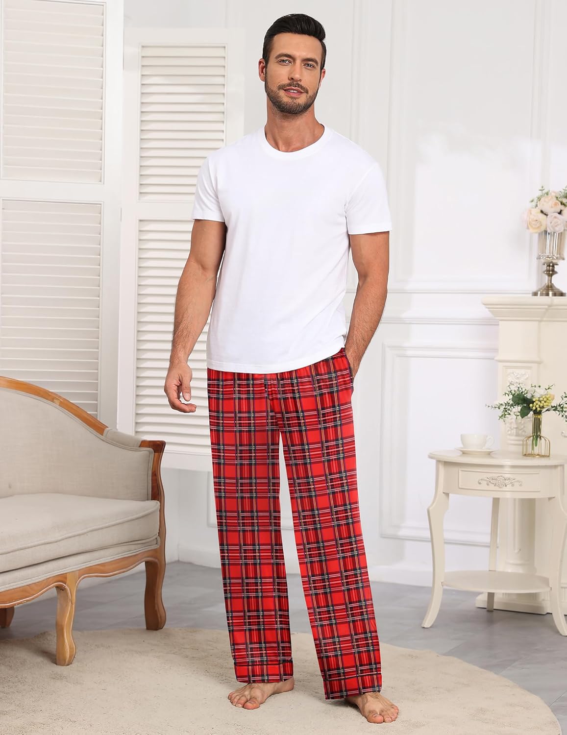Mens pajama pants in red and black plaid, relaxed lounge fit