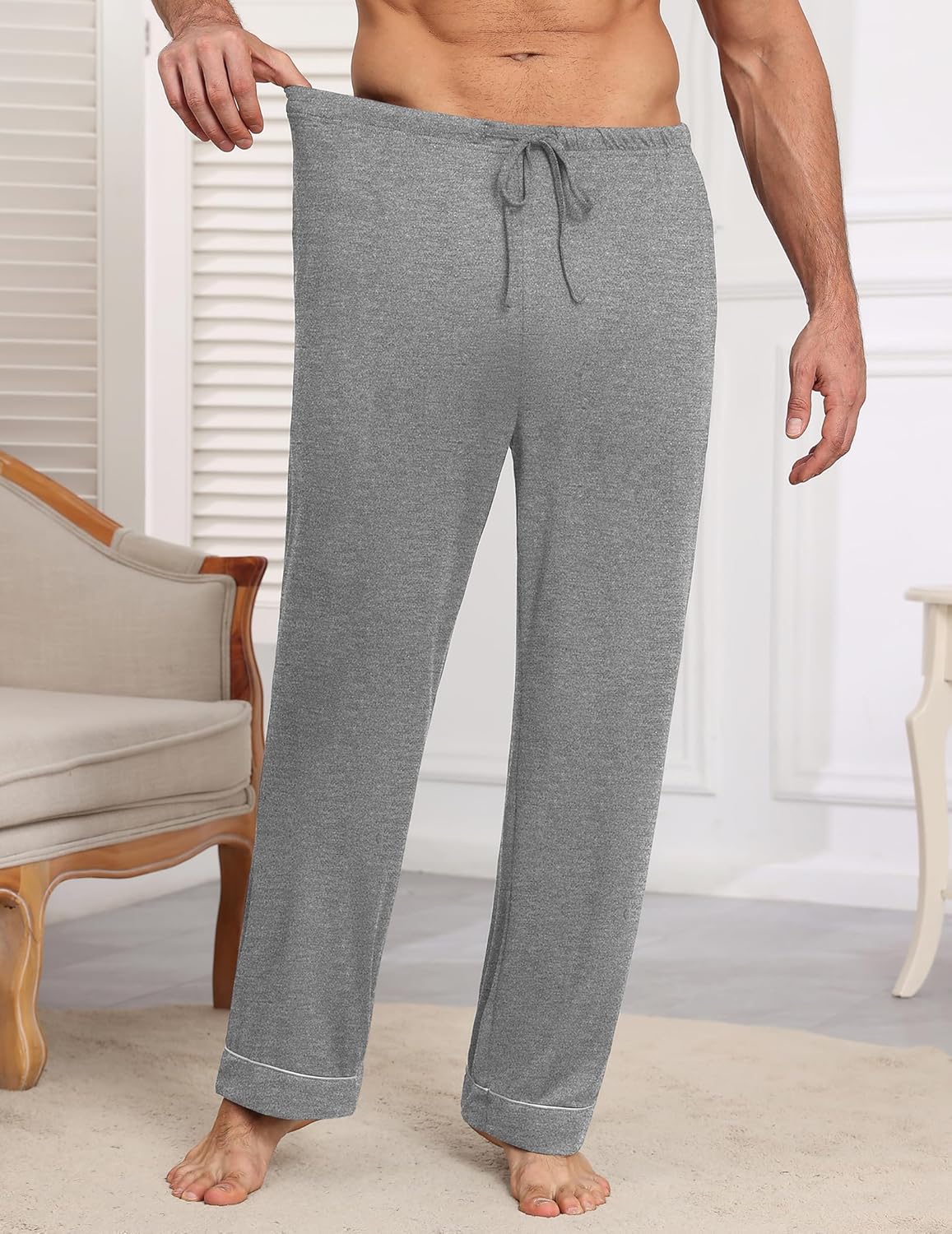 Men’s heather gray pajama pants, back view with drawstring waist