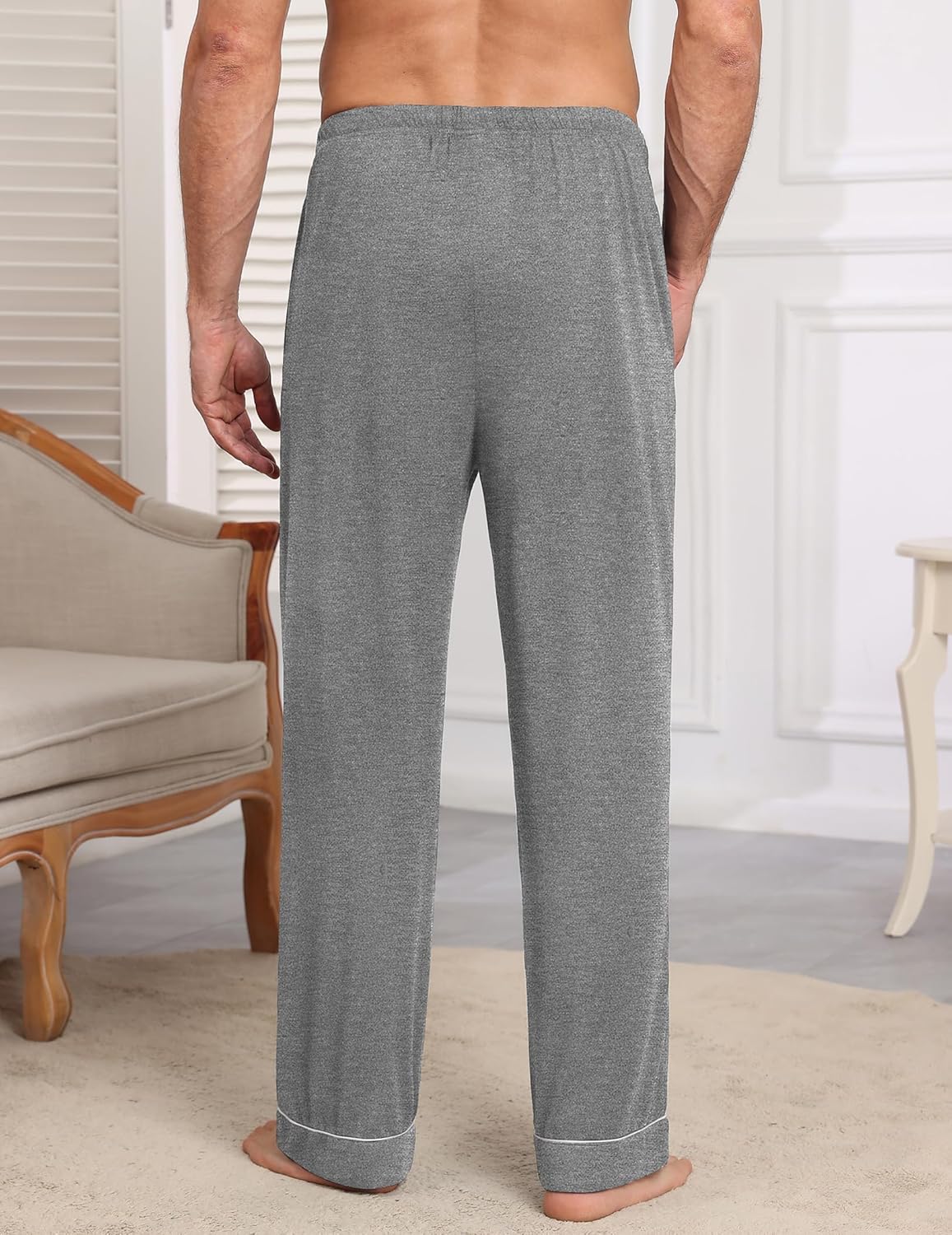 Men’s heather gray pajama pants, back view with cuffed hems