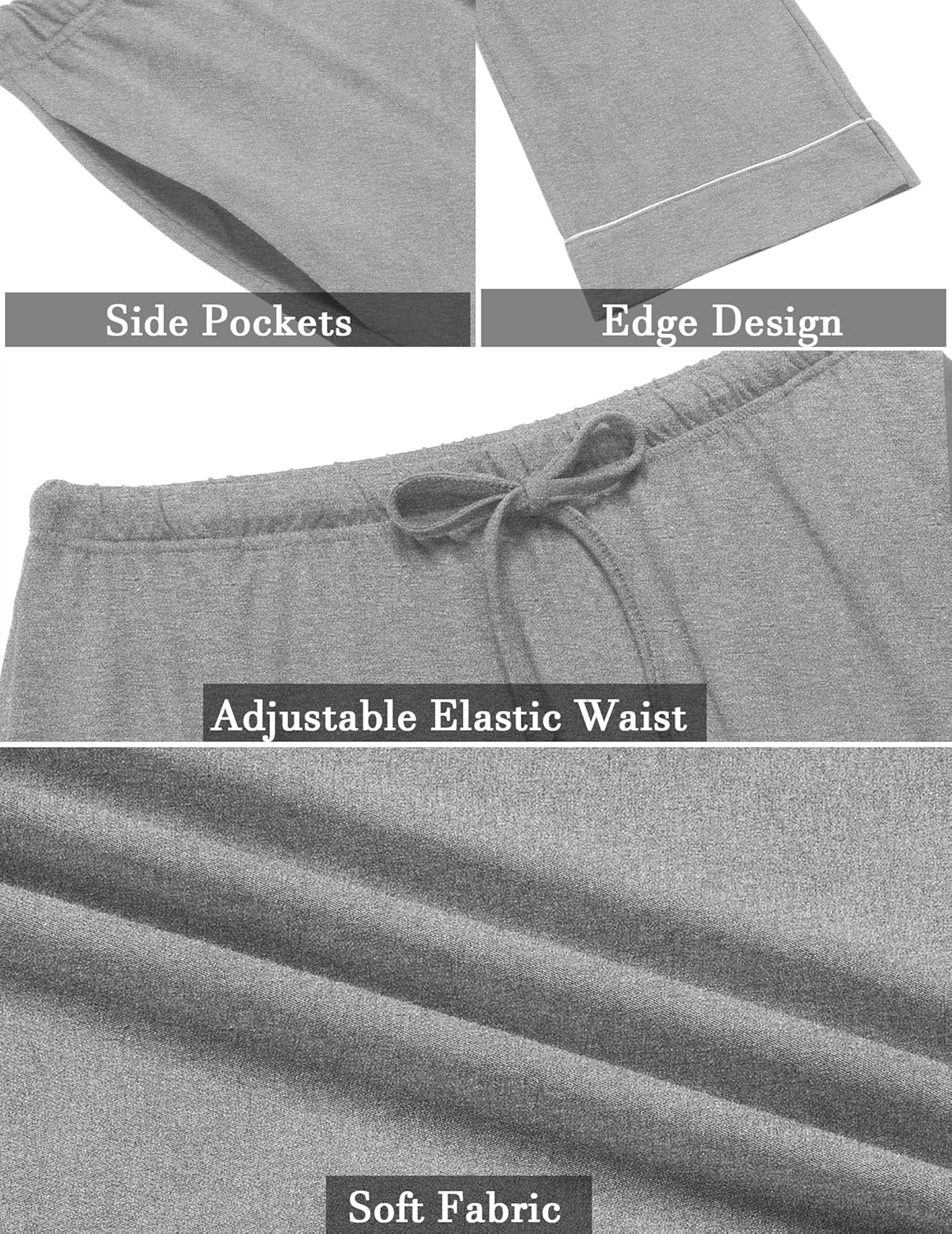 Gray pajama pants features: side pockets, adjustable elastic waist, soft fabric