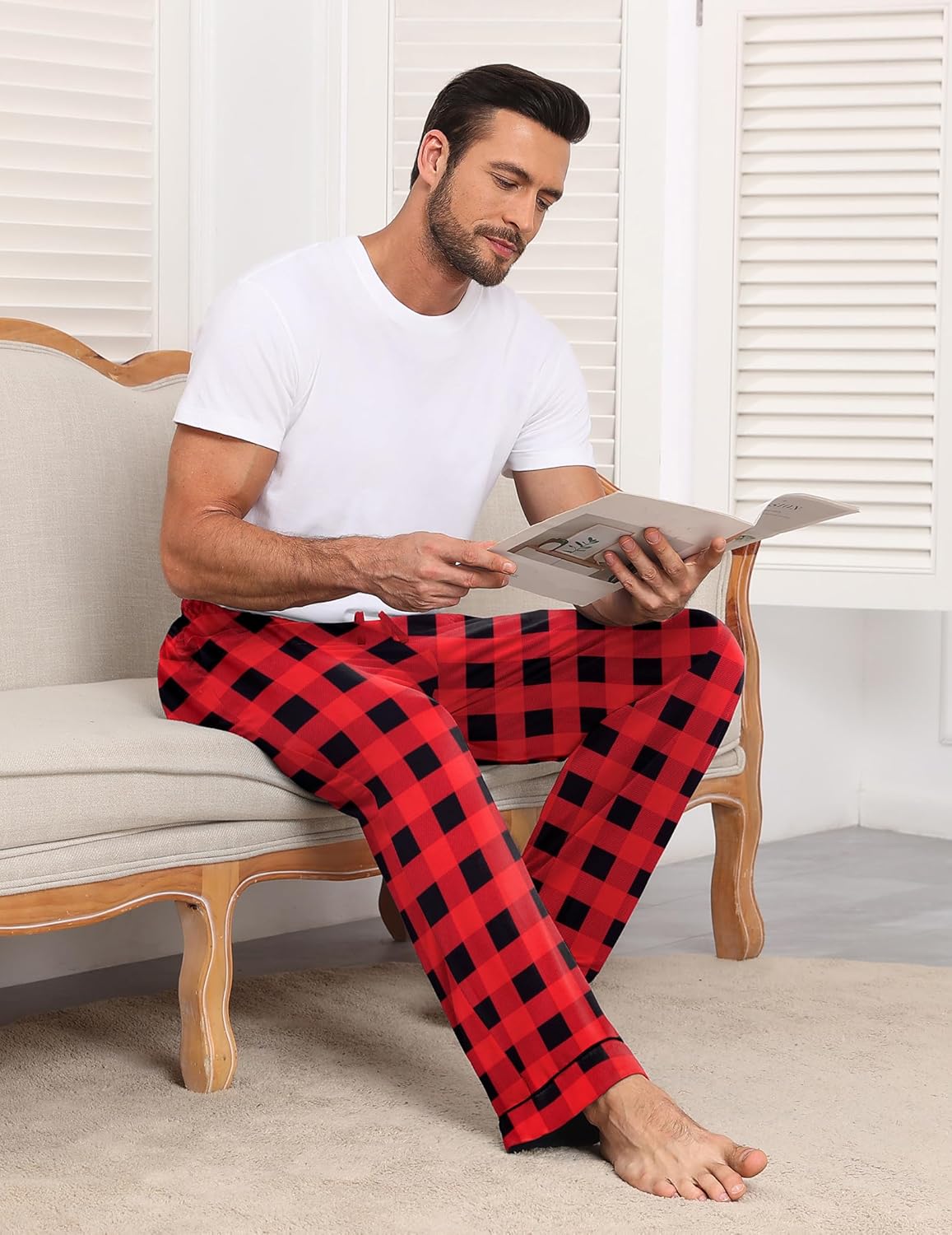 Mens pajama pants, red-and-black buffalo plaid squares, elastic waistband
