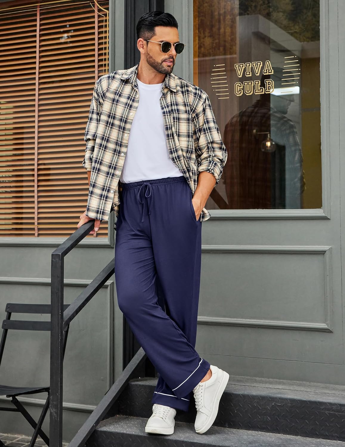 Mens navy jogger-style pajama pants, elastic waist, contrast cuff trim