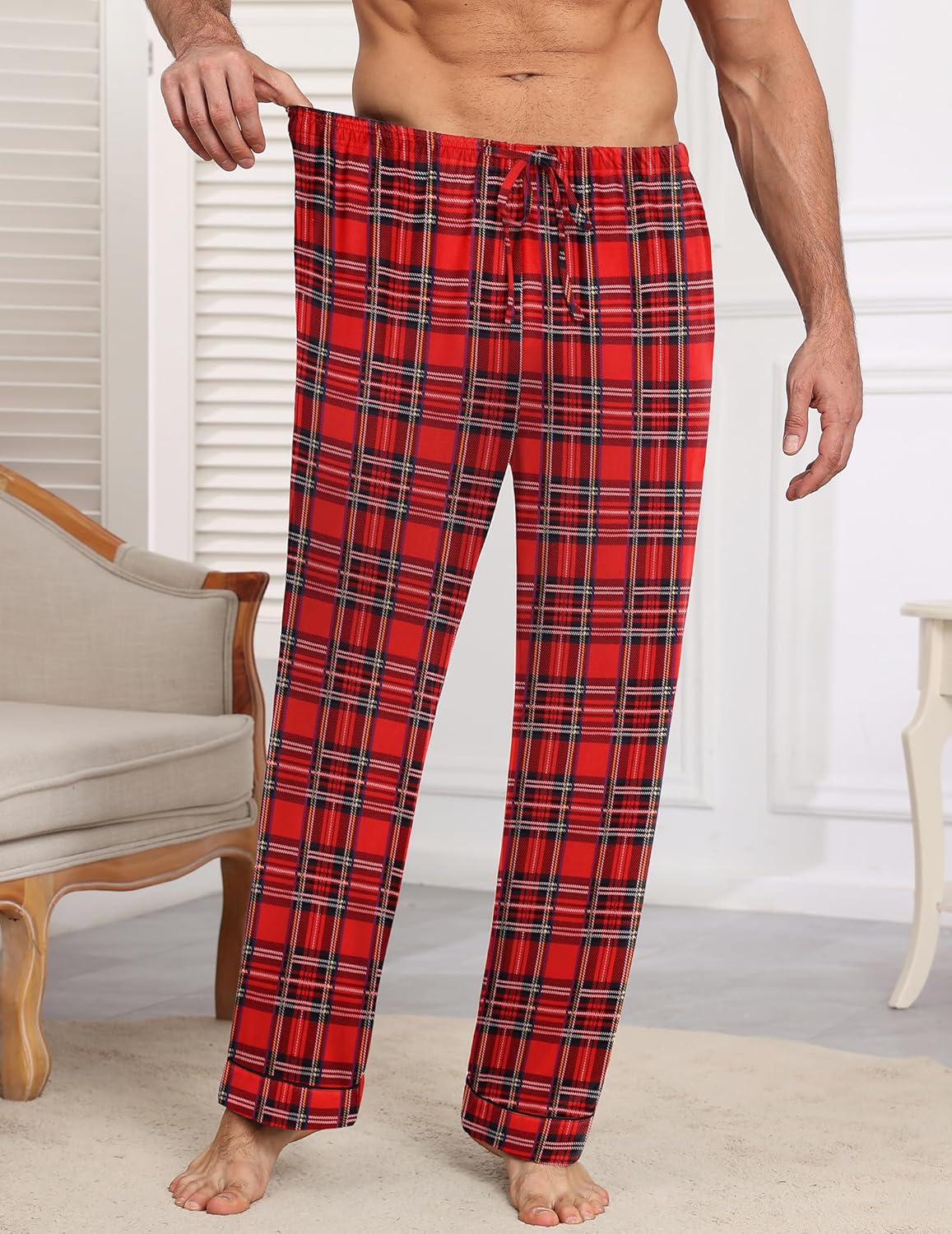 Red black plaid pajama pants with drawstring elastic waistband