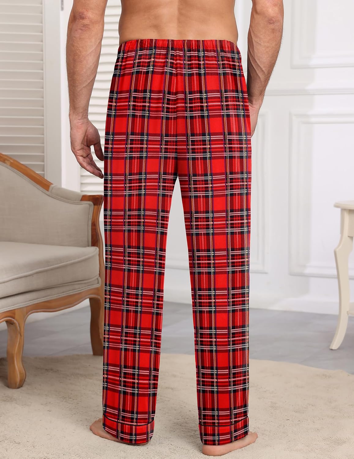 Red black plaid lounge pajama pants, straight relaxed legs