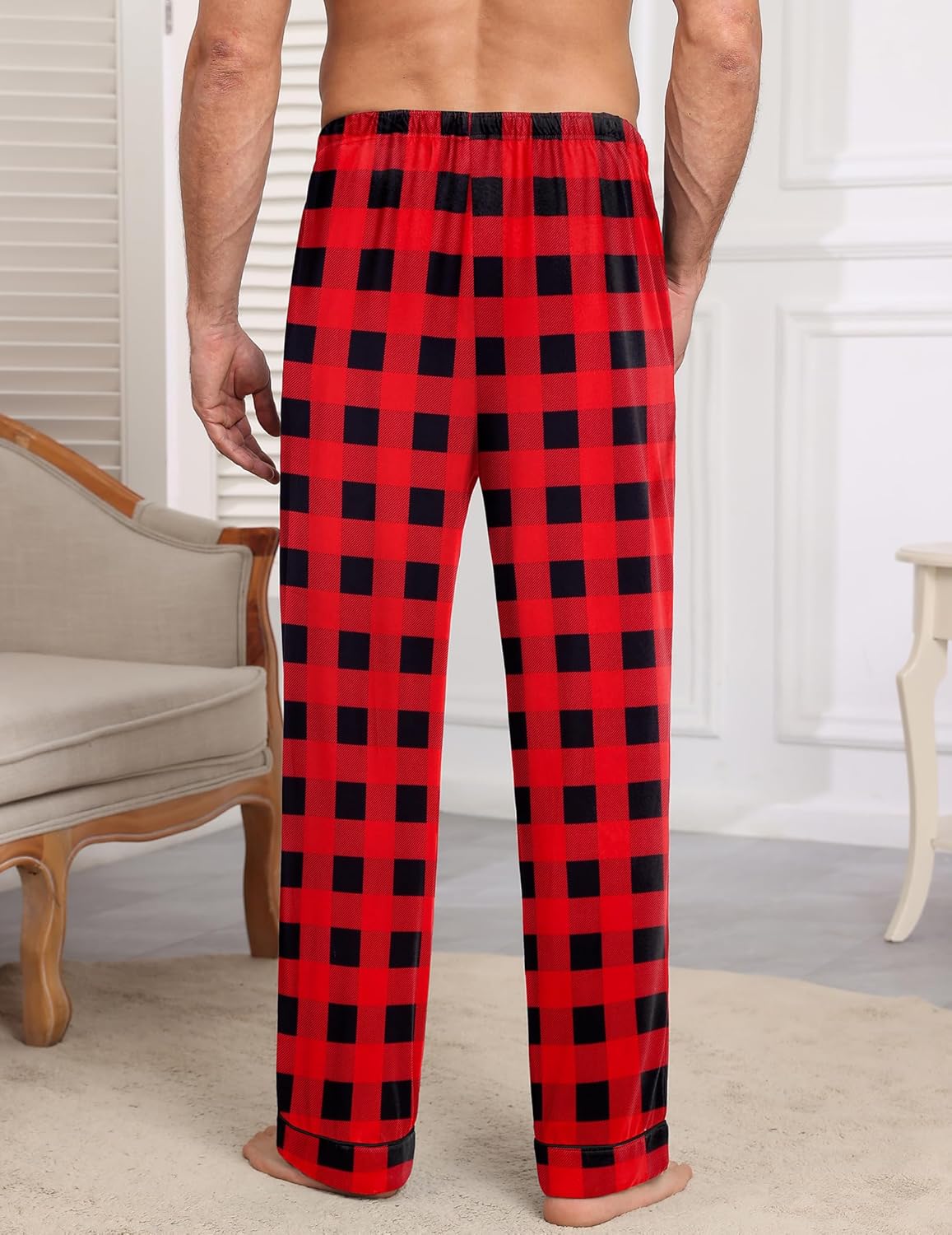 Mens red-and-black plaid sleep pants, straight legs, elastic waistband