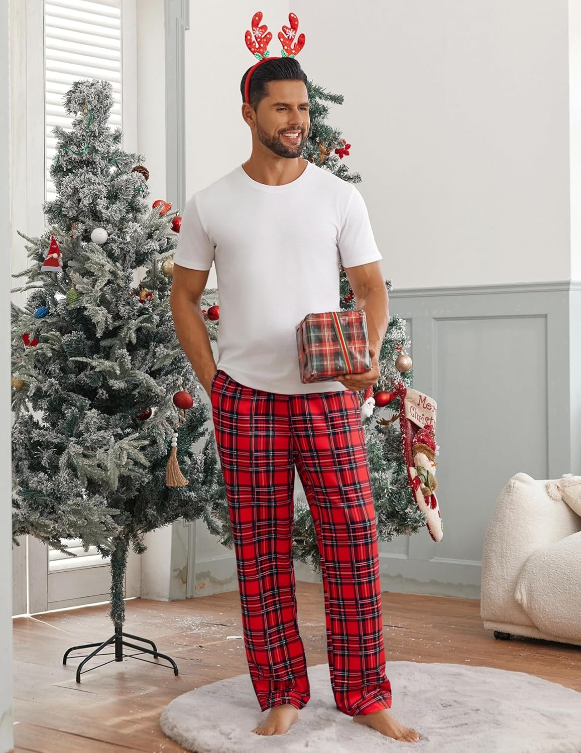 Men’s red and black plaid pajama pants with drawstring waist
