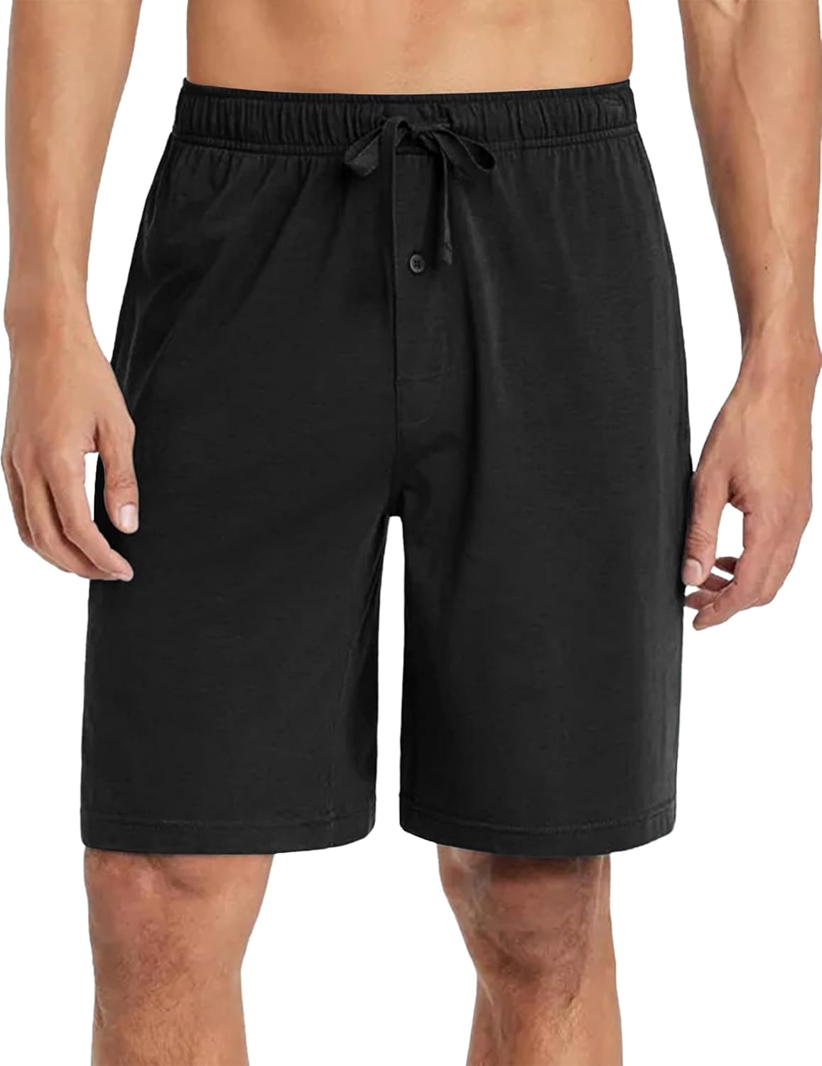 Men's black pajama shorts with drawstring and button front detail