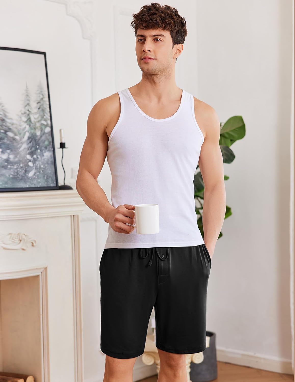 Black pajama shorts with elastic waistband and hidden front button placket