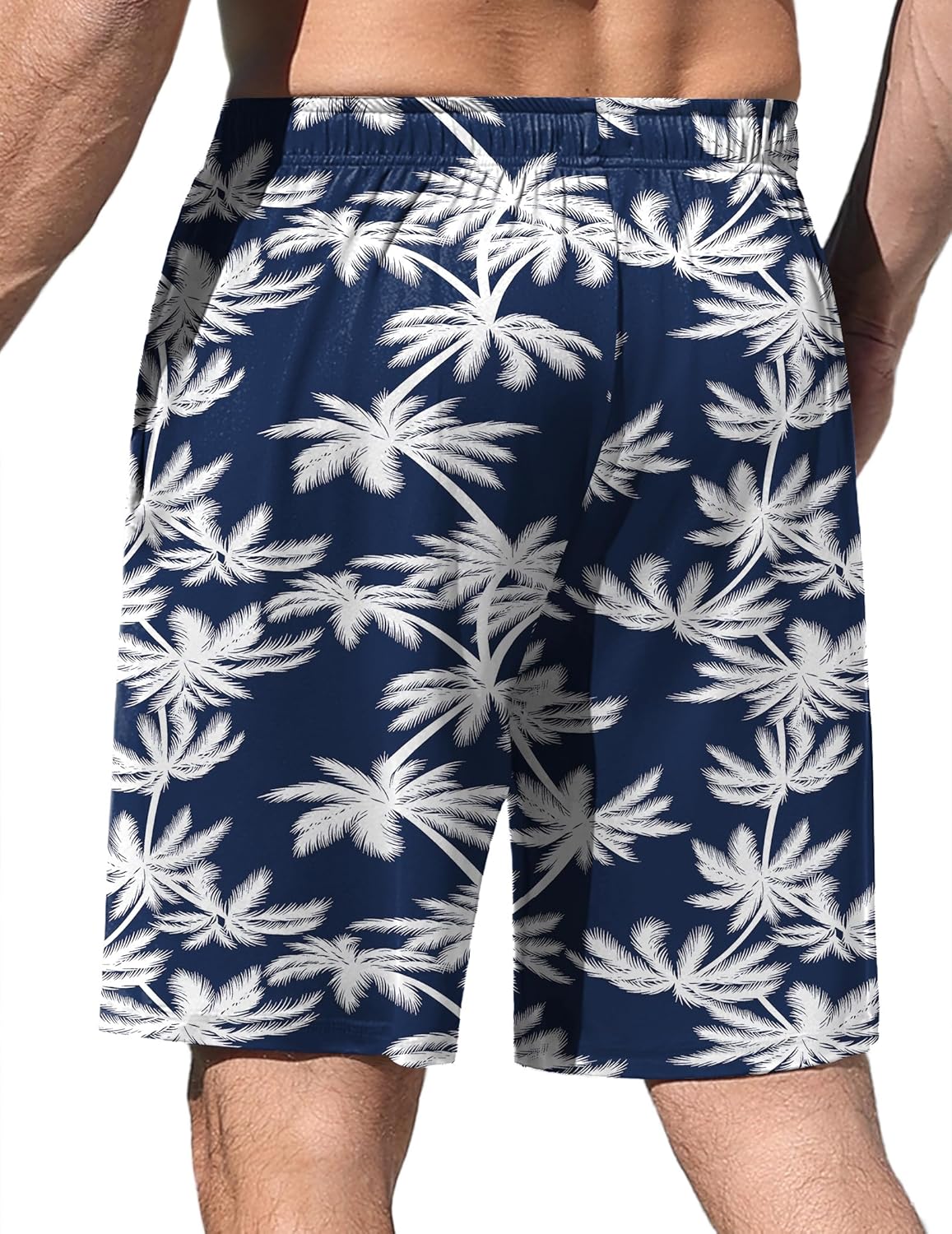Navy pajama shorts with all-over palm leaf pattern and elastic drawstring waistband