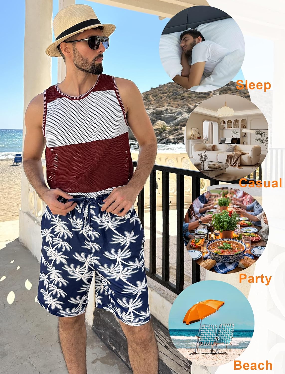 Navy palm-print pajama shorts with drawstring waist and button front