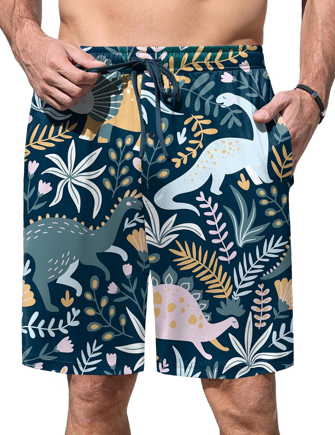 Blue pajama shorts with tropical jungle animals and leaf print