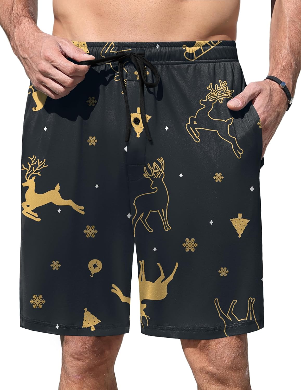 Dark pajama shorts with gold reindeer, deer, and snowflake-style icons