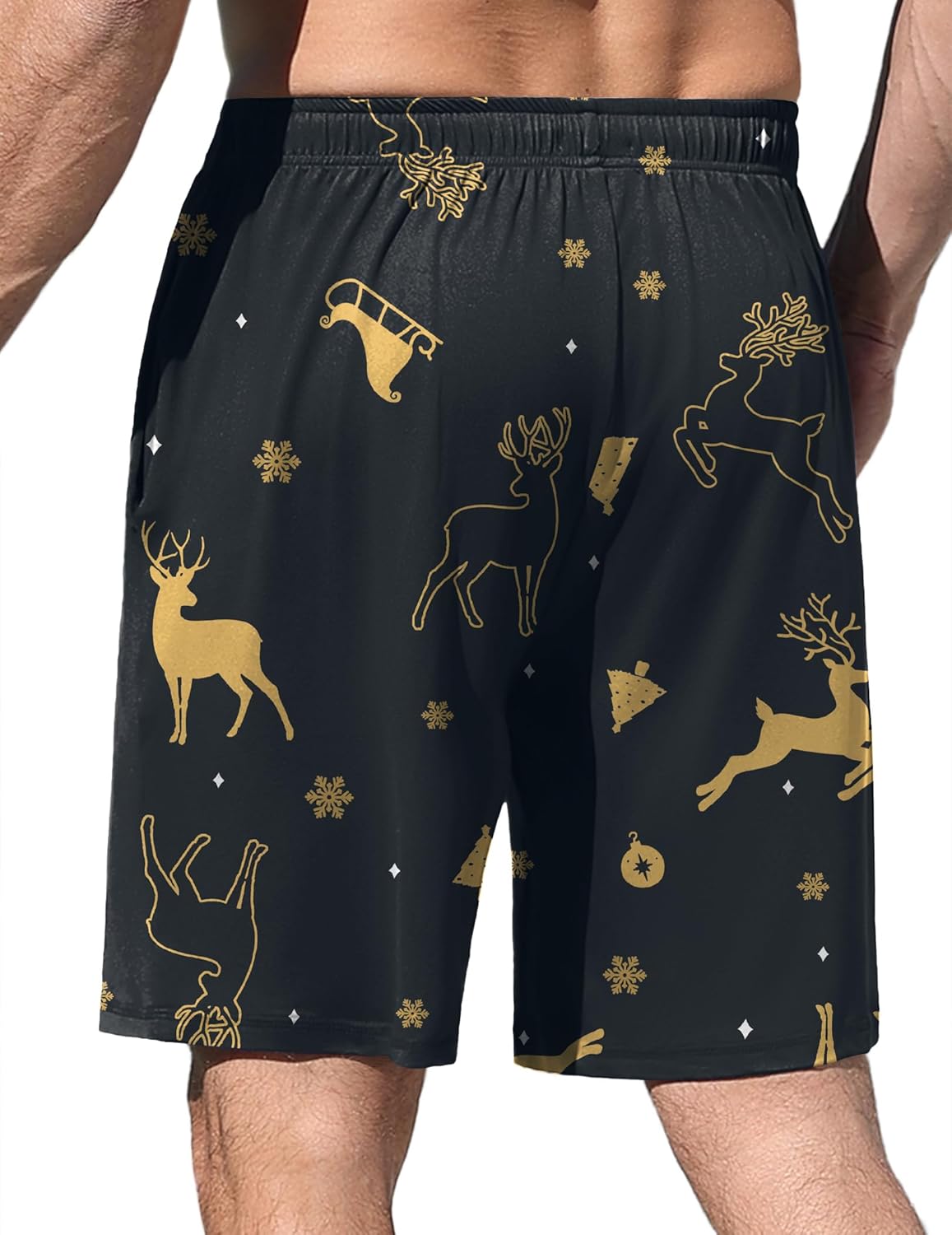 Navy pajama shorts with gold reindeer and deer outline pattern