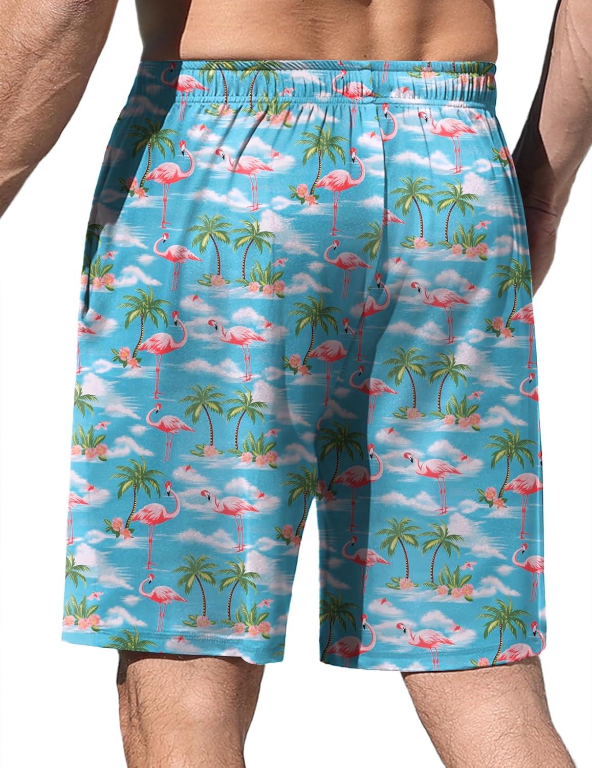 Light blue pajama shorts with flamingos and palm trees all-over pattern
